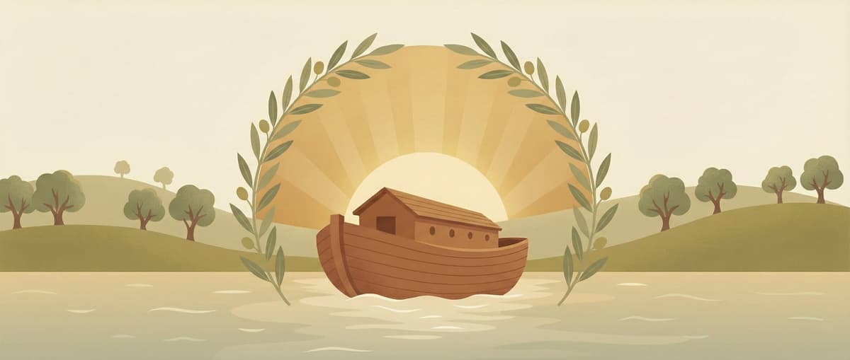 תיבת נח שטה על מים רגועים עם ענפי זית - תיבת השמות