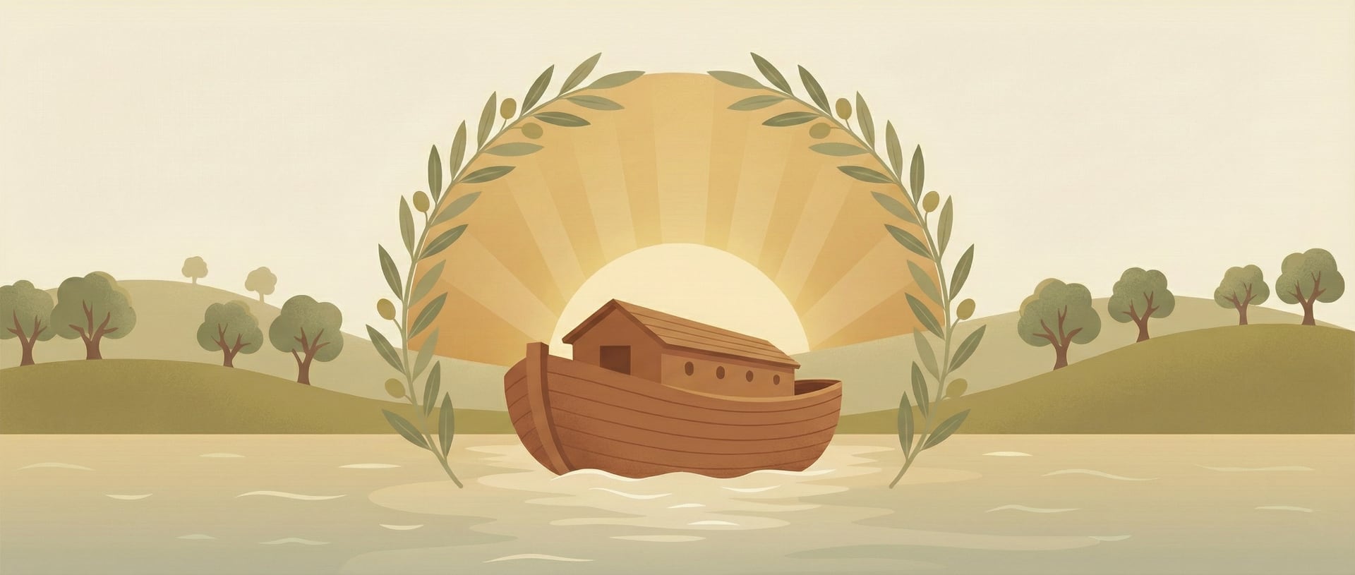 תיבת נח שטה על מים רגועים עם ענפי זית - תיבת השמות